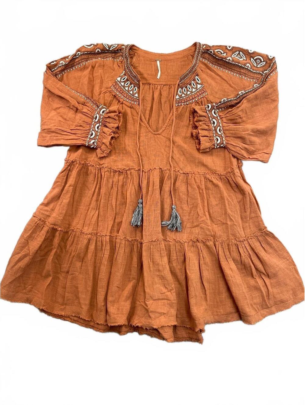 Free People Rust Orange Embroidered Tiered Tunic Top Women's Size Large Boho